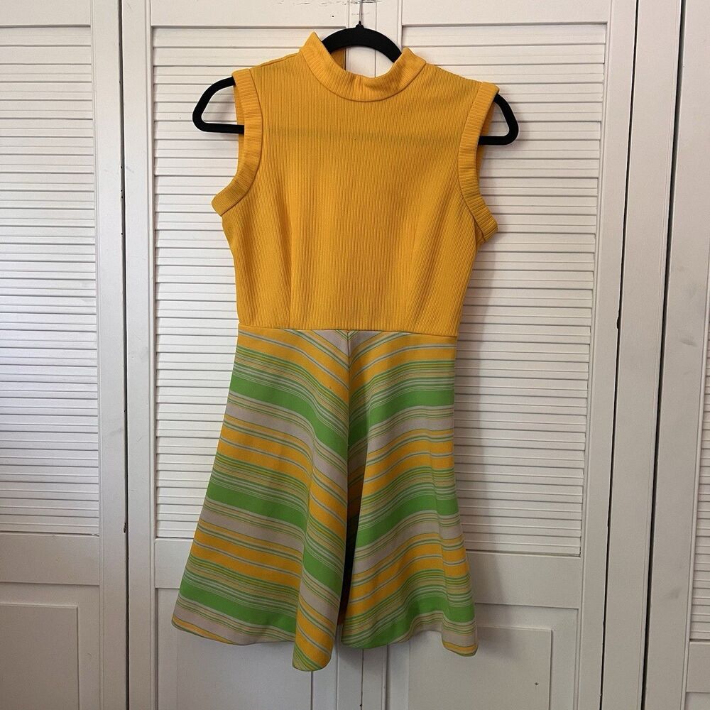 60s Jonathan Logan Petite S Knit Dress Color Block Yellow Green Stripes 70s  80s
